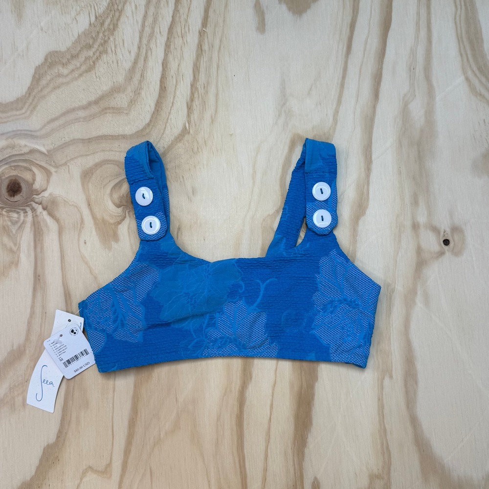 Seea Carpenter Bikini Top Maldives Blue Floral Jacquard Button Straps NWT M